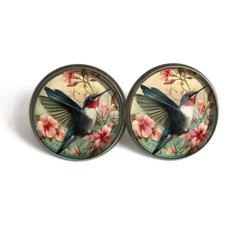 Hummingbird Stud‎ Earrings - Antique Bronze Vintage Art Nouveau Bird Jewelry